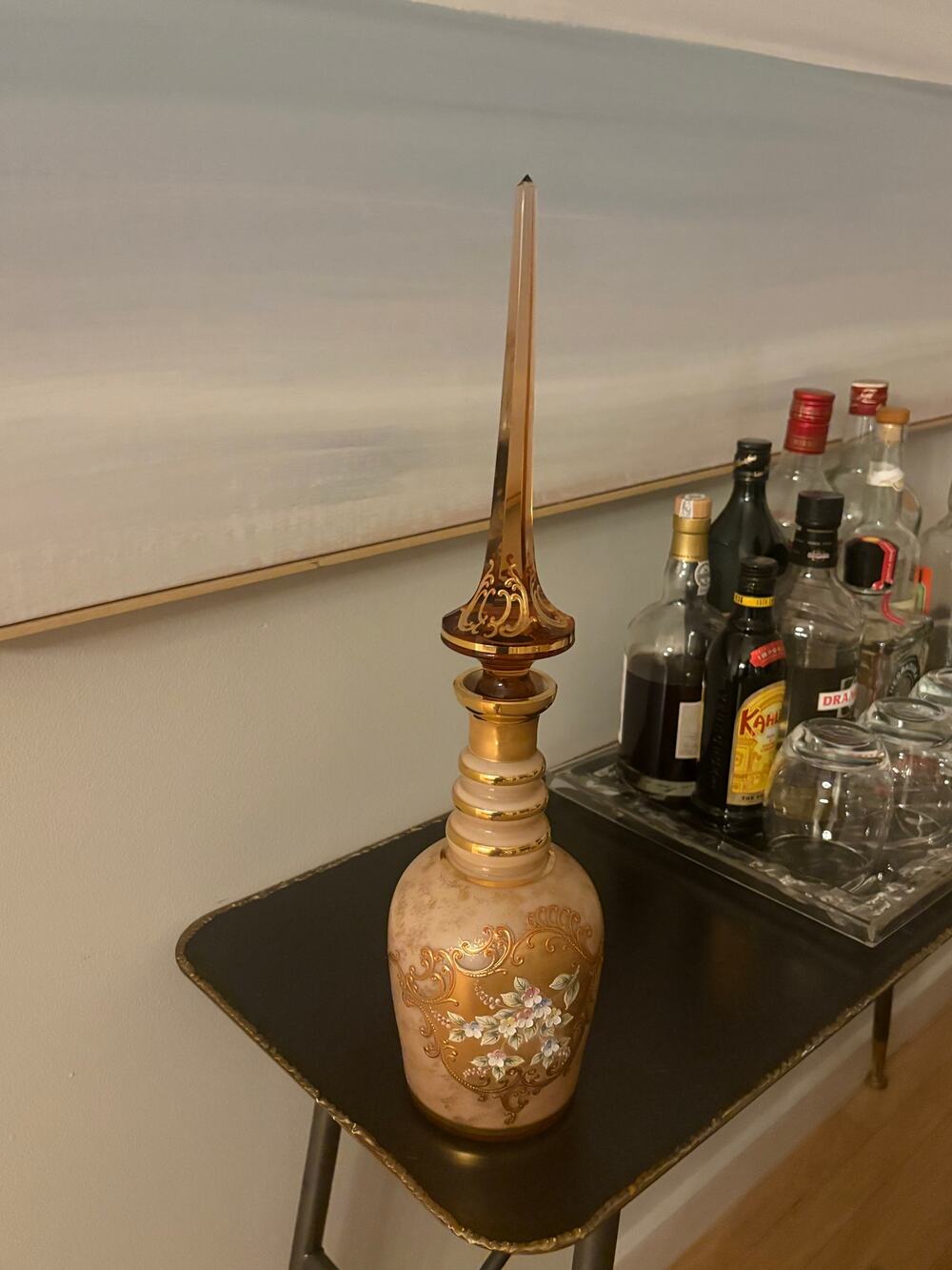 Vintage MOSER Large Decanter Art Nouveau tall stopper 26” Gold Pink Floral 60s